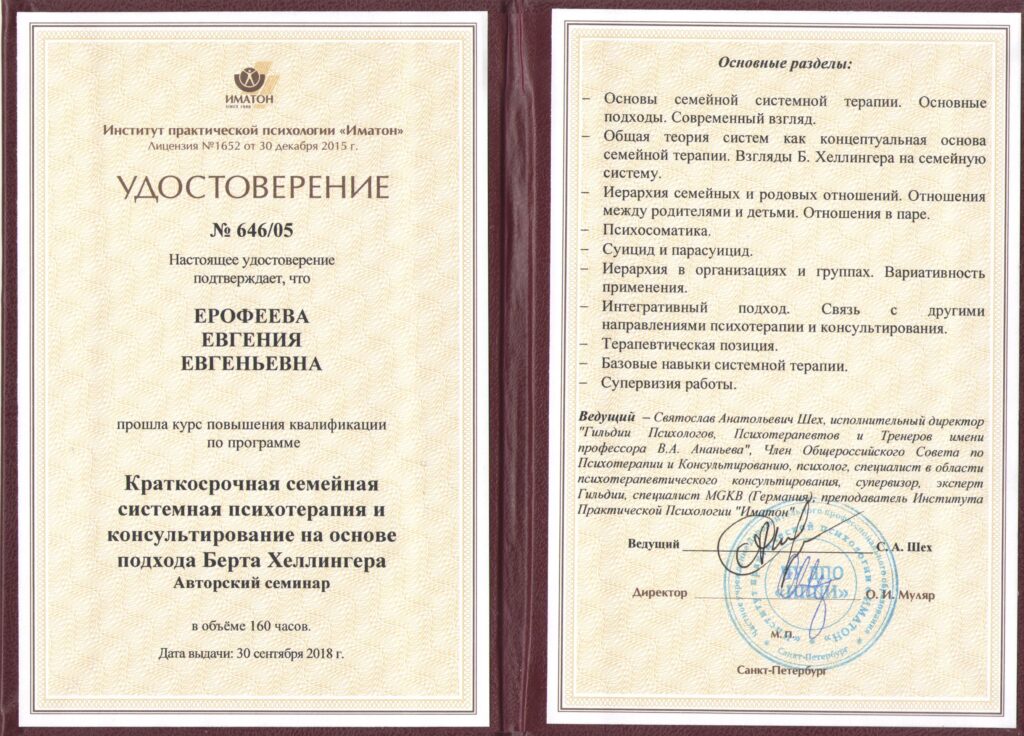 Удостоверение: Ерофеевой Евгении