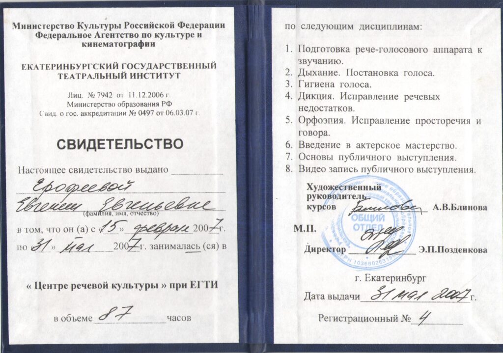 Свидетельство: Ерофеевой Евгении